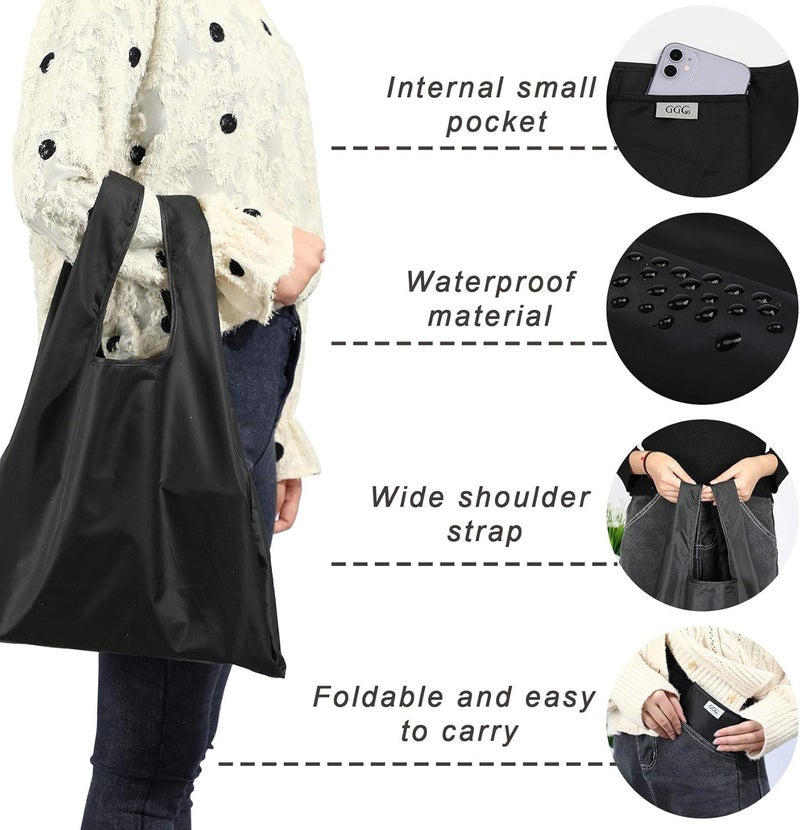 CiCiGo Large Reusable Bags Shopping Washable Foldable 6 Pack Grocery Bags Heavy Duty Lightweight Folding Gift Tote Bags Durable Polyester Black - Image 4